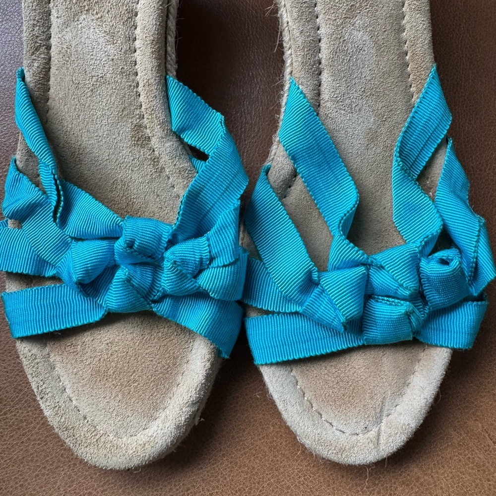 J. Crew Wedge Sandals Blue Ribbon Espadrille Shoes Preppy Resort Style Size 7 - Picture 3 of 9